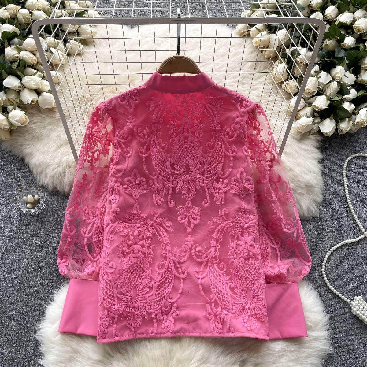 Long Sleeves Lace Embroidered Buttoned Down Shirt