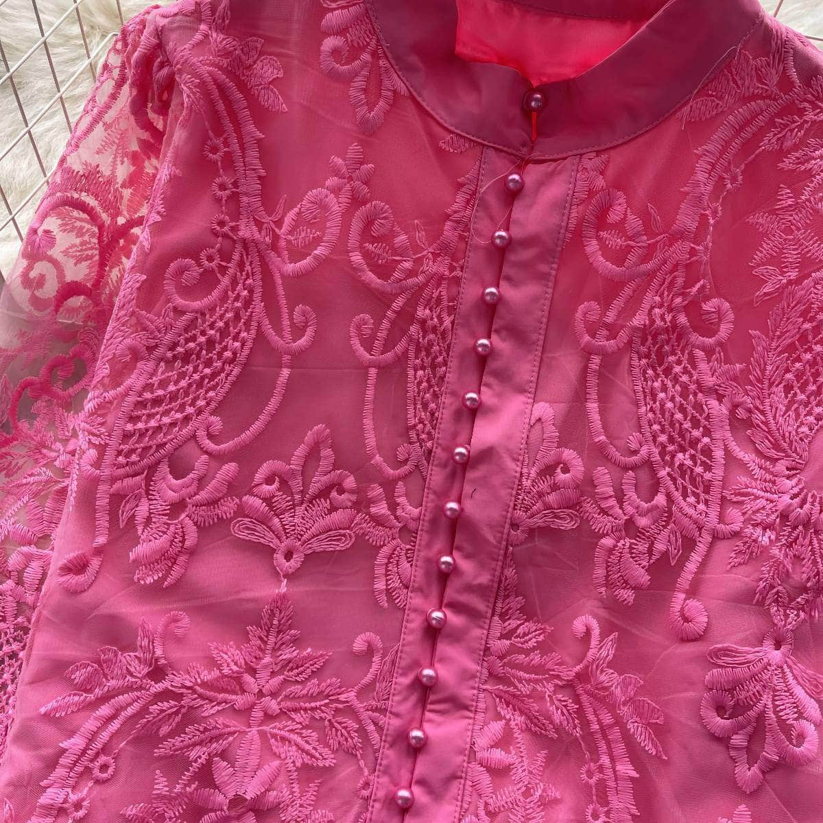 Long Sleeves Lace Embroidered Buttoned Down Shirt