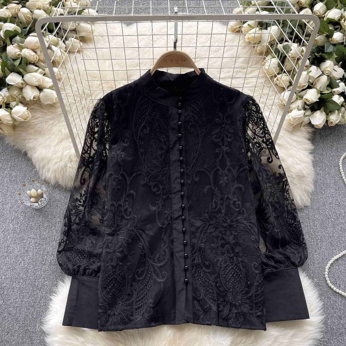 Long Sleeves Lace Embroidered Buttoned Down Shirt