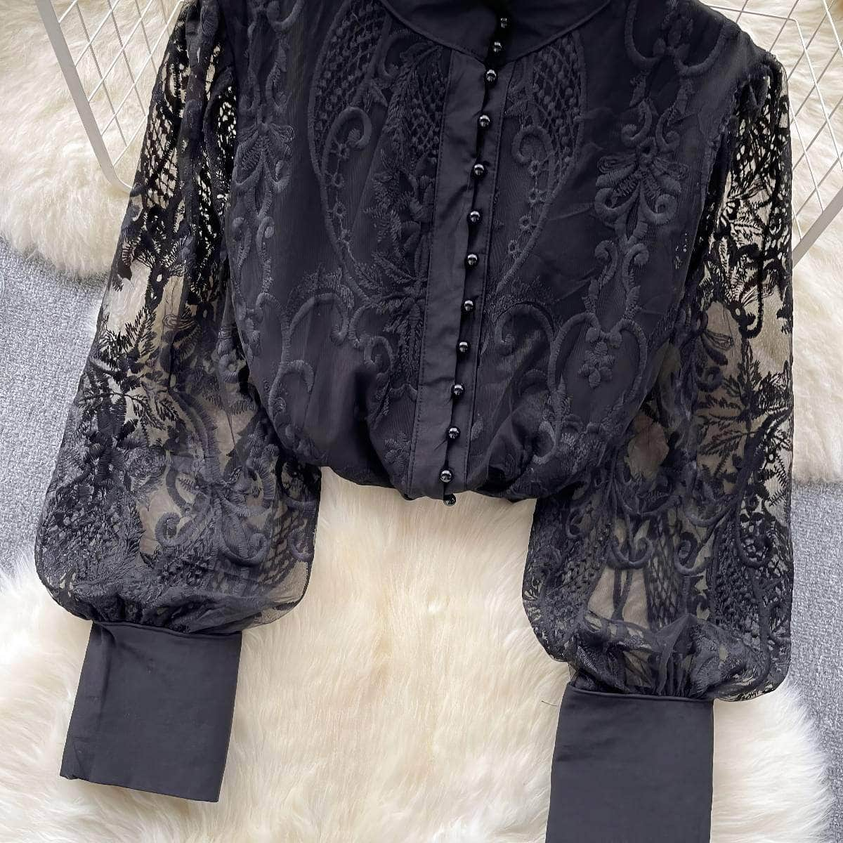 Long Sleeves Lace Embroidered Buttoned Down Shirt