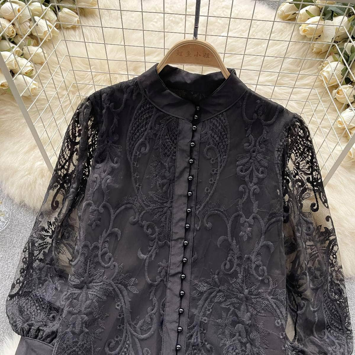 Long Sleeves Lace Embroidered Buttoned Down Shirt