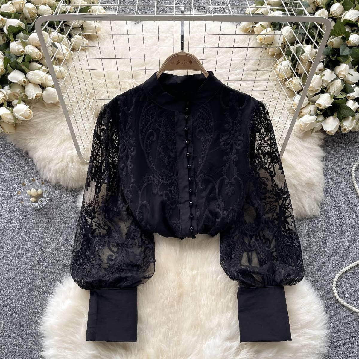 Long Sleeves Lace Embroidered Buttoned Down Shirt MAX SIZE / Black