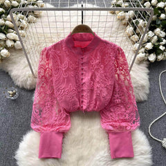 Long Sleeves Lace Embroidered Buttoned Down Shirt MAX SIZE / DeepPink