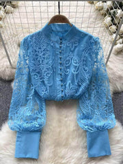 Long Sleeves Lace Embroidered Buttoned Down Shirt MAX SIZE / DeepSkyBlue