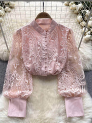 Long Sleeves Lace Embroidered Buttoned Down Shirt MAX SIZE / Pink