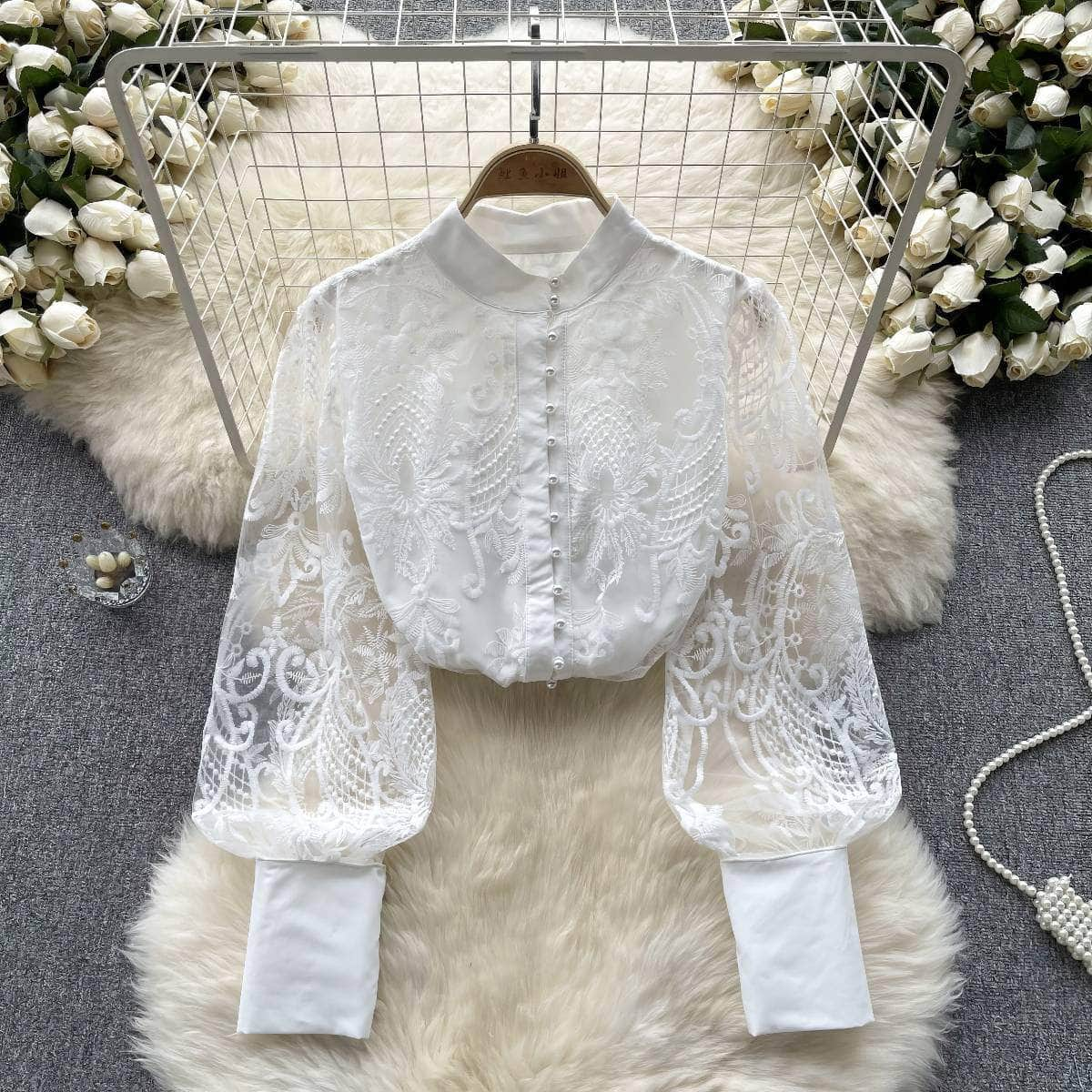 Long Sleeves Lace Embroidered Buttoned Down Shirt MAX SIZE / White