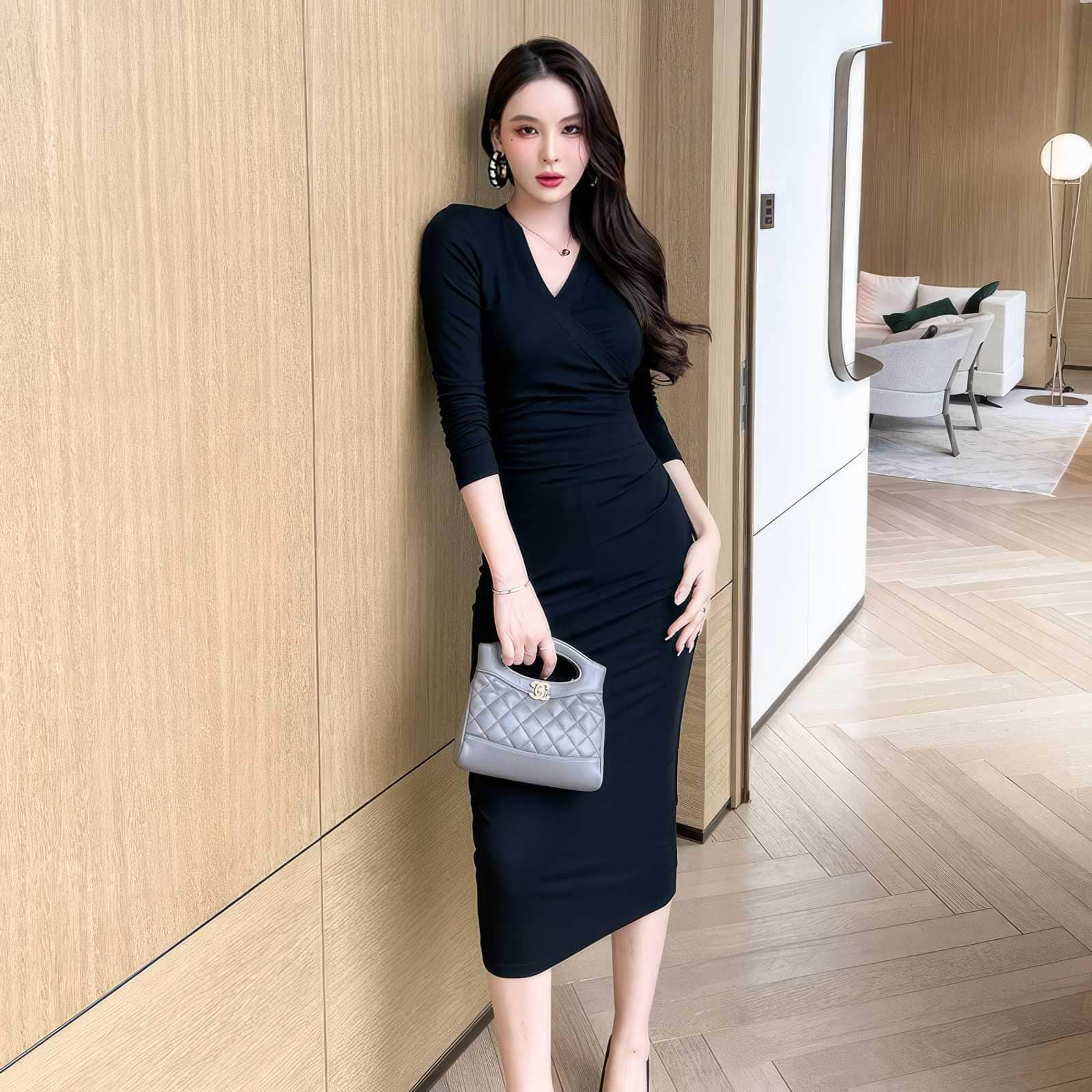 Long Sleeves Midi Wrapped Ribbed Dress