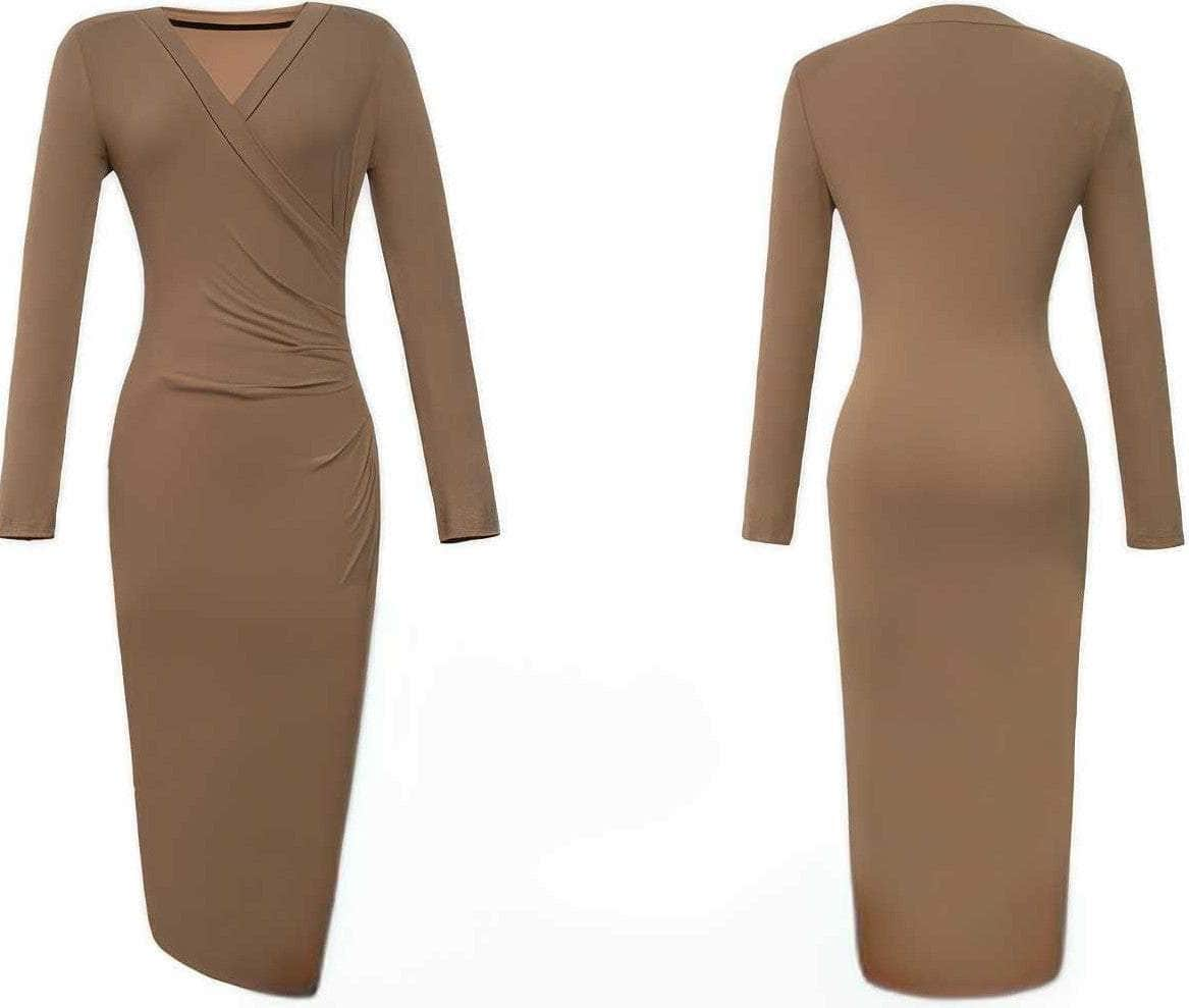 Long Sleeves Midi Wrapped Ribbed Dress