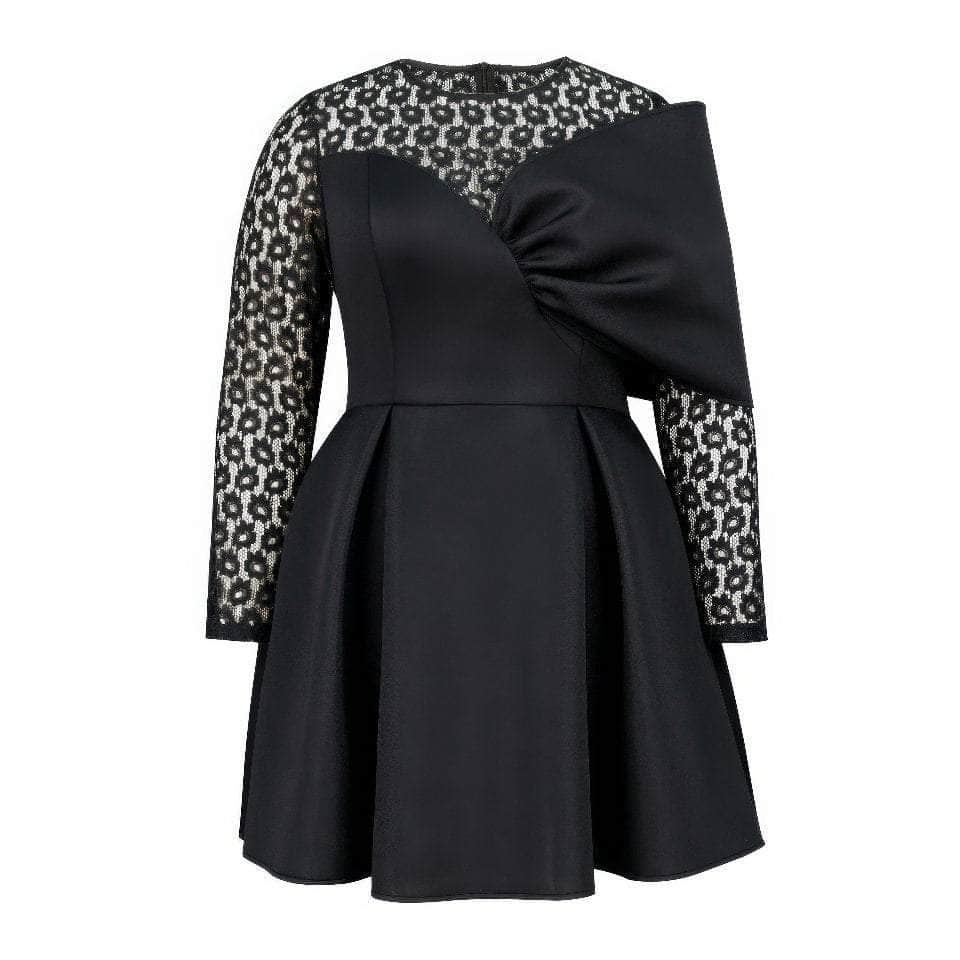 Long Sleeves Patchwork Lace Skater Pleated A line Dress