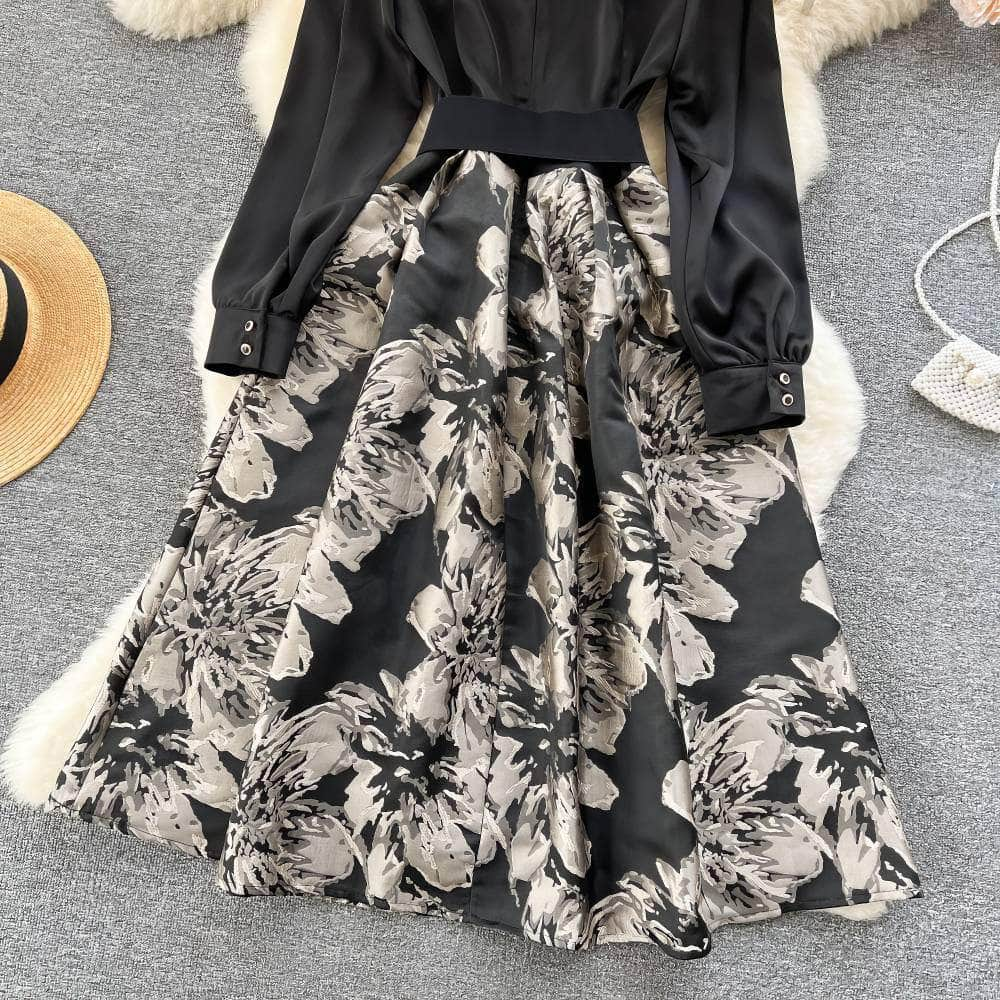 Long Sleeves Pleated Floral Hem Dress