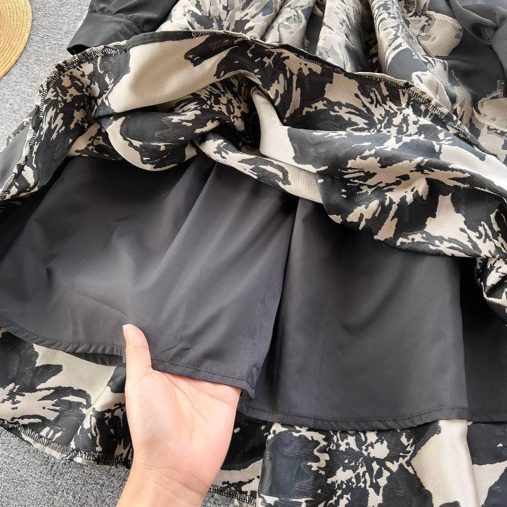 Long Sleeves Pleated Floral Hem Dress