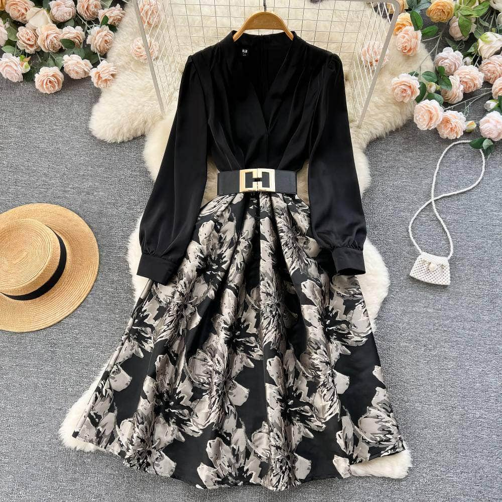 Long Sleeves Pleated Floral Hem Dress