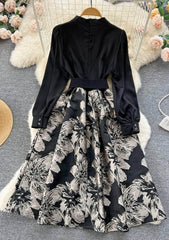 Long Sleeves Pleated Floral Hem Dress