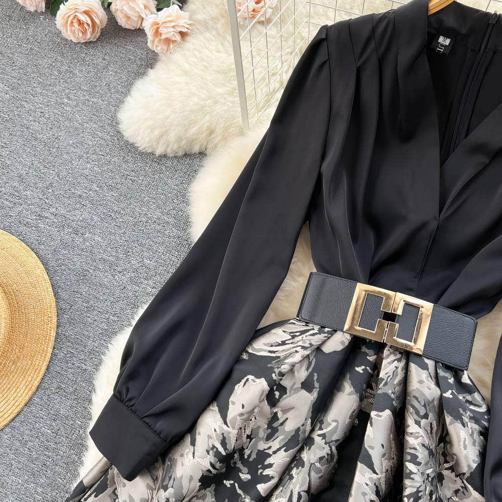 Long Sleeves Pleated Floral Hem Dress