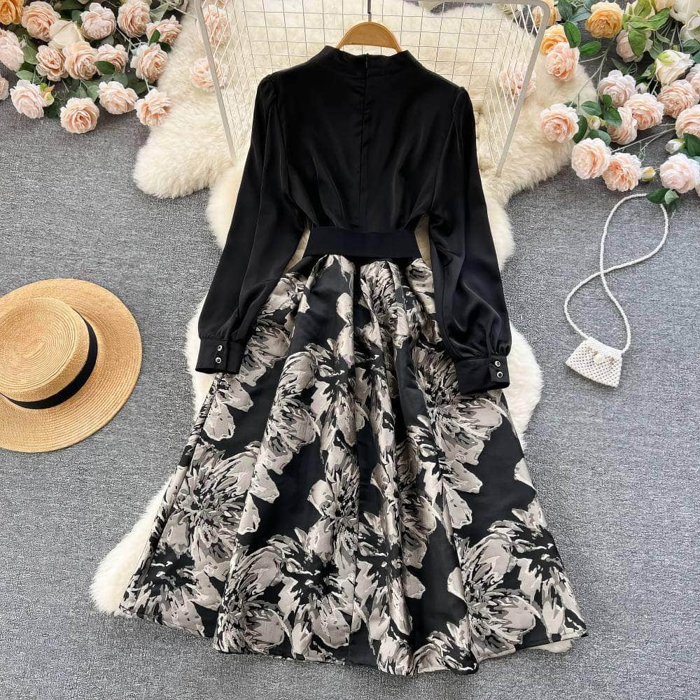 Long Sleeves Pleated Floral Hem Dress