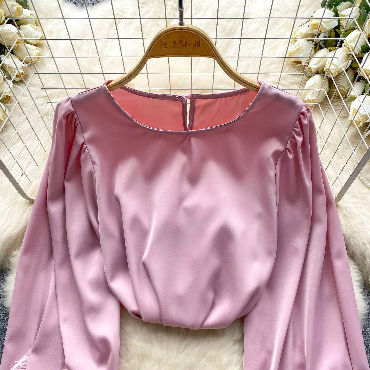 Long Sleeves Round Neck Satin Feathered Sleeves Blouse