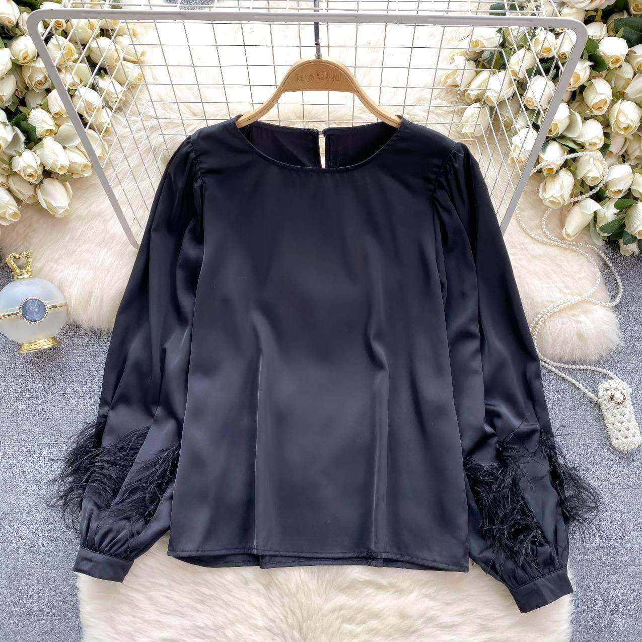 Long Sleeves Round Neck Satin Feathered Sleeves Blouse