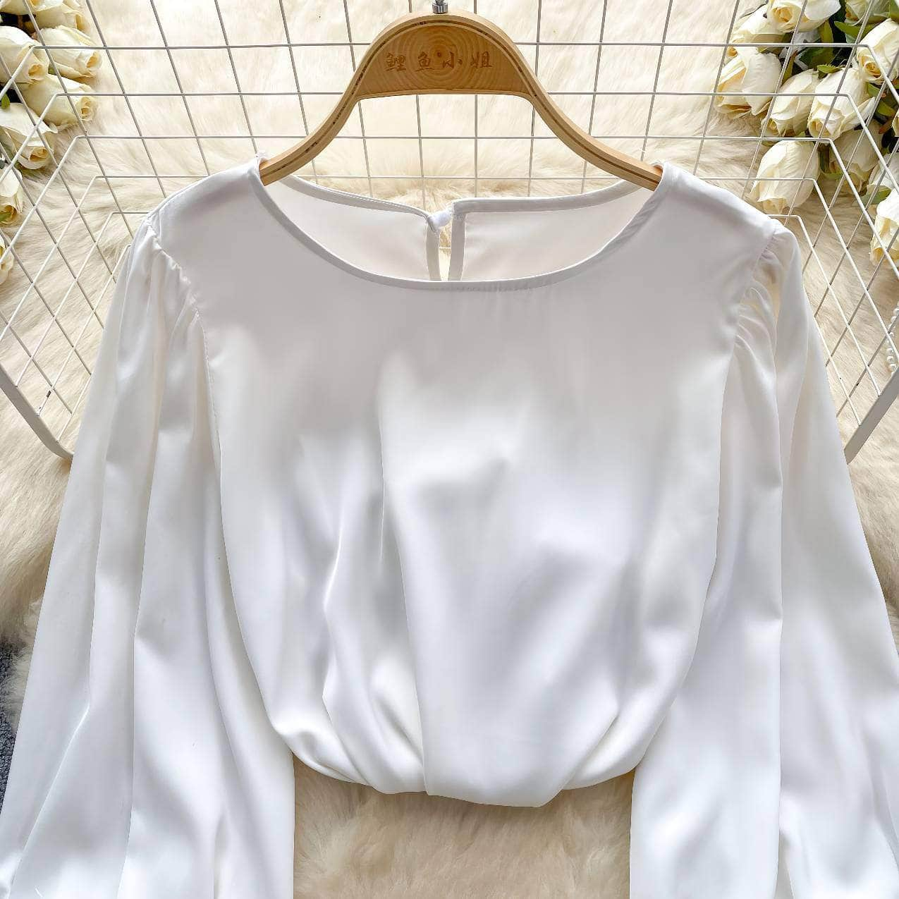 Long Sleeves Round Neck Satin Feathered Sleeves Blouse