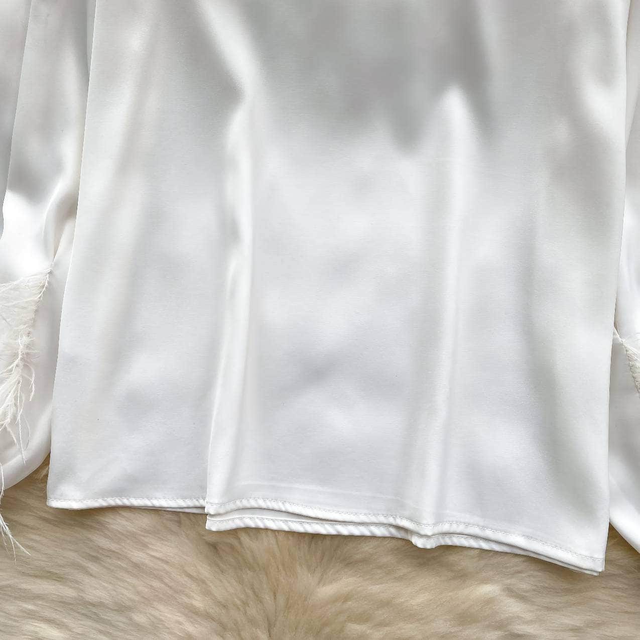 Long Sleeves Round Neck Satin Feathered Sleeves Blouse