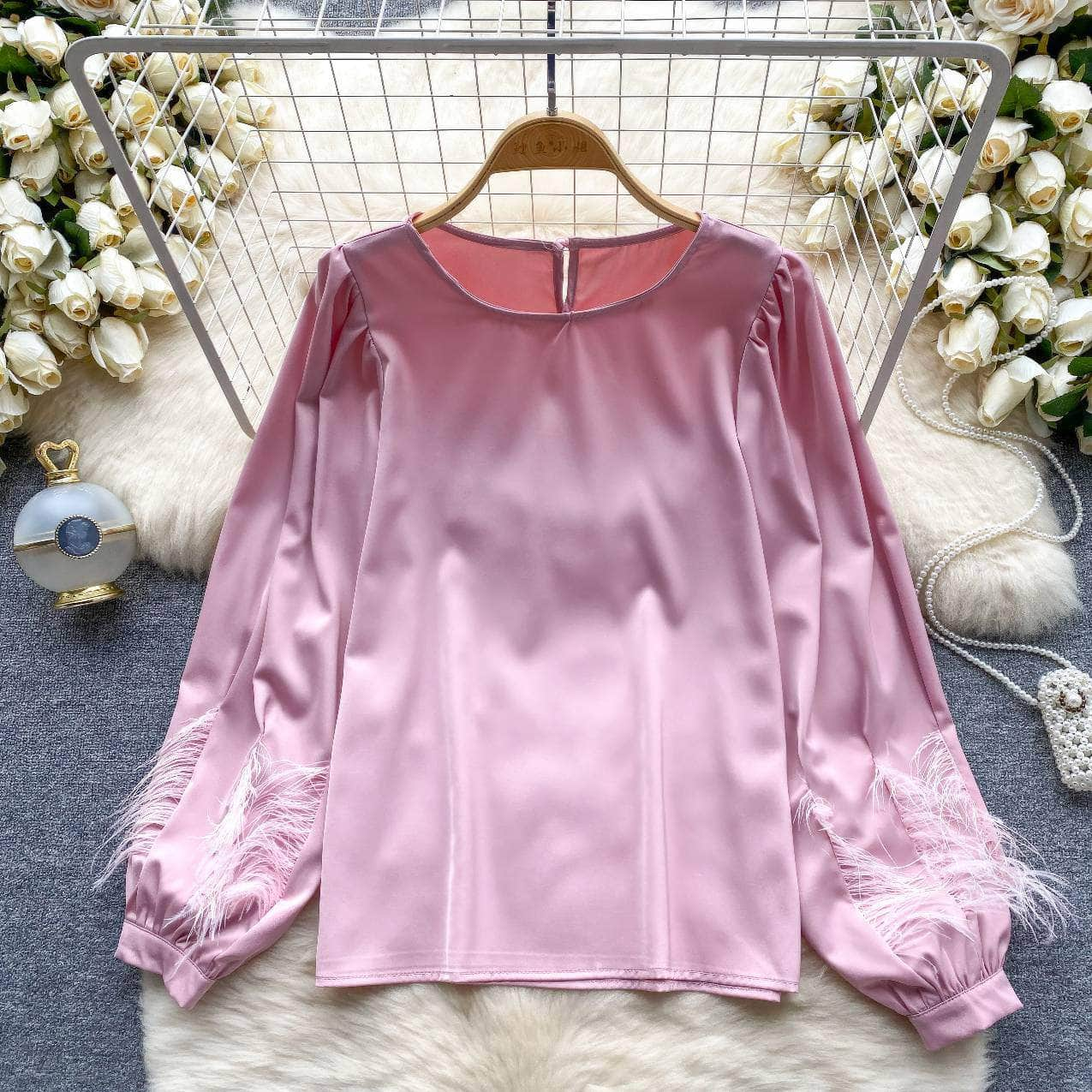 Long Sleeves Round Neck Satin Feathered Sleeves Blouse