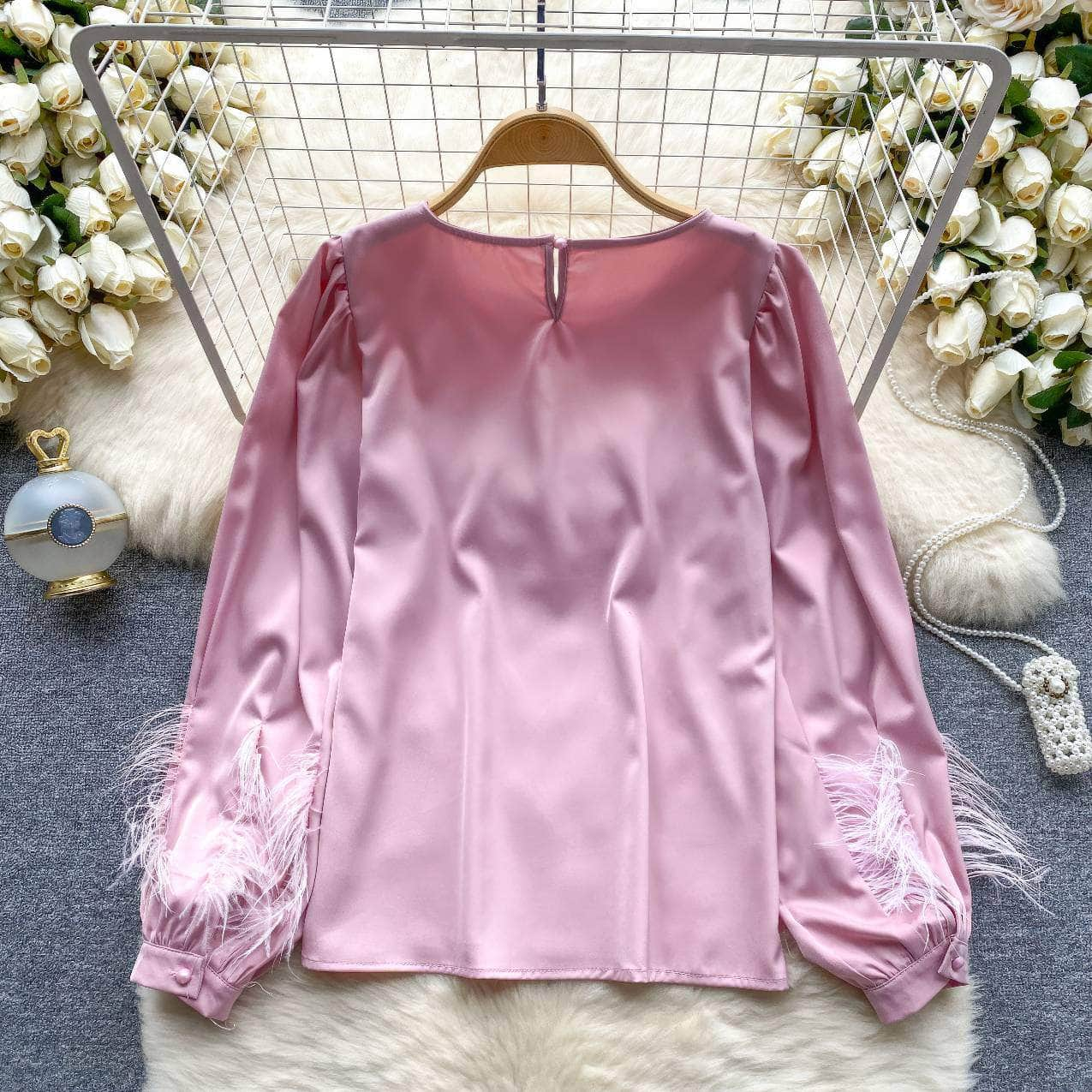 Long Sleeves Round Neck Satin Feathered Sleeves Blouse