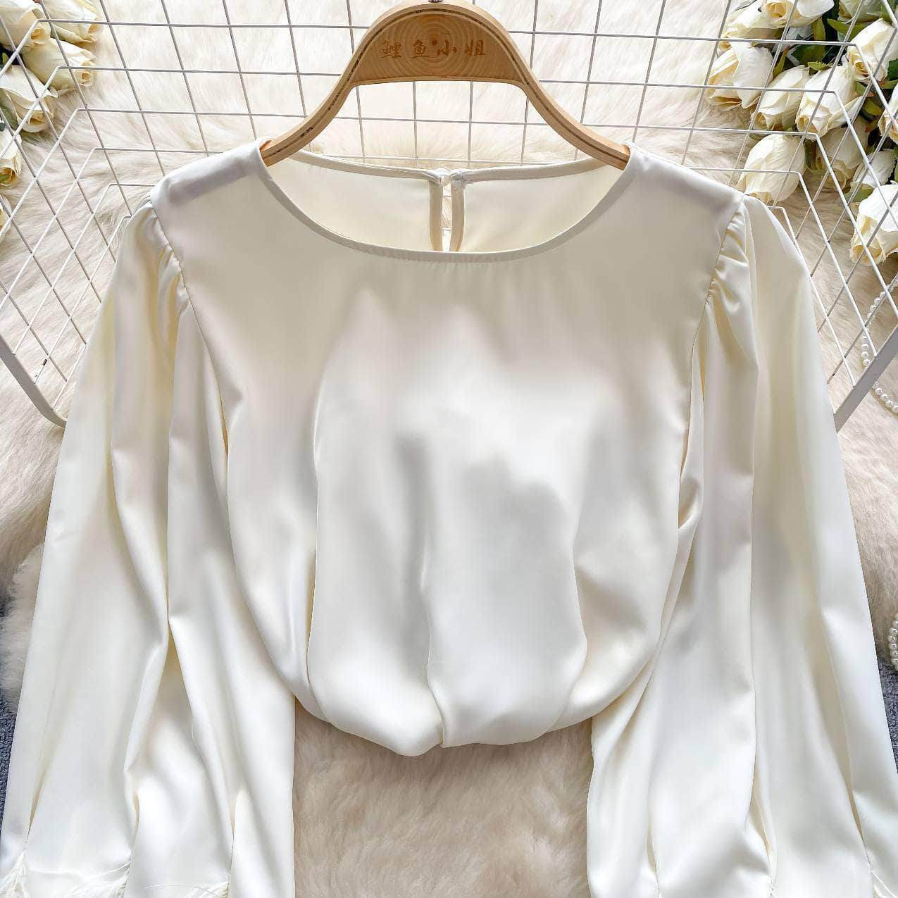 Long Sleeves Round Neck Satin Feathered Sleeves Blouse