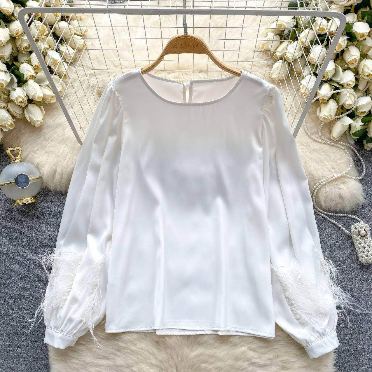 Long Sleeves Round Neck Satin Feathered Sleeves Blouse