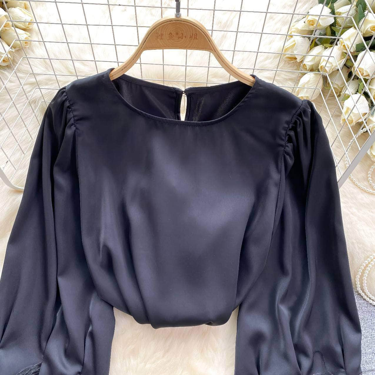 Long Sleeves Round Neck Satin Feathered Sleeves Blouse