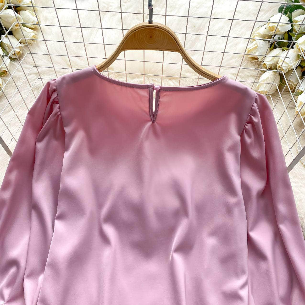 Long Sleeves Round Neck Satin Feathered Sleeves Blouse