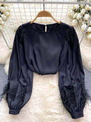 Long Sleeves Round Neck Satin Feathered Sleeves Blouse MAX SIZE / Black