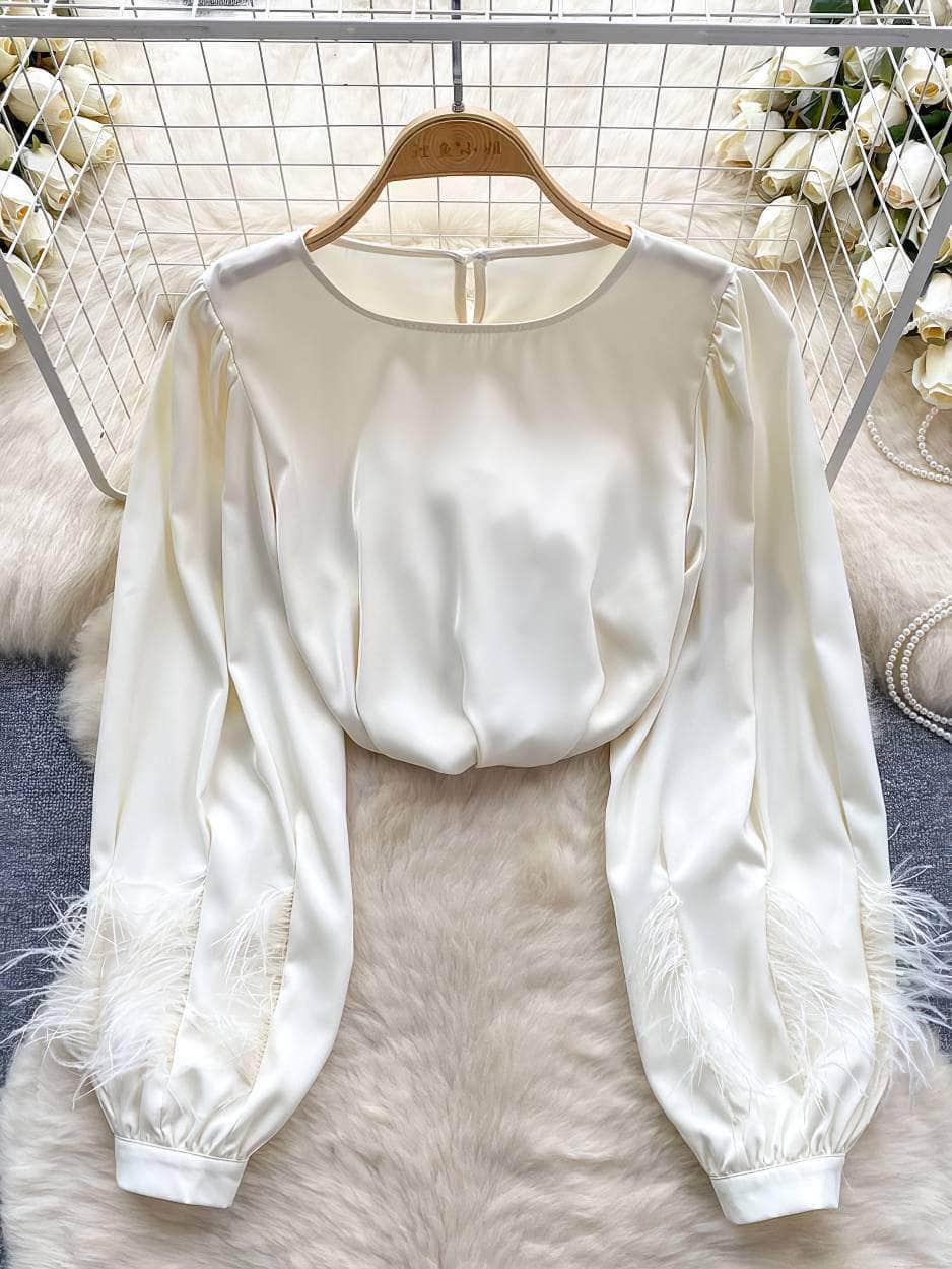 Long Sleeves Round Neck Satin Feathered Sleeves Blouse MAX SIZE / Ivory