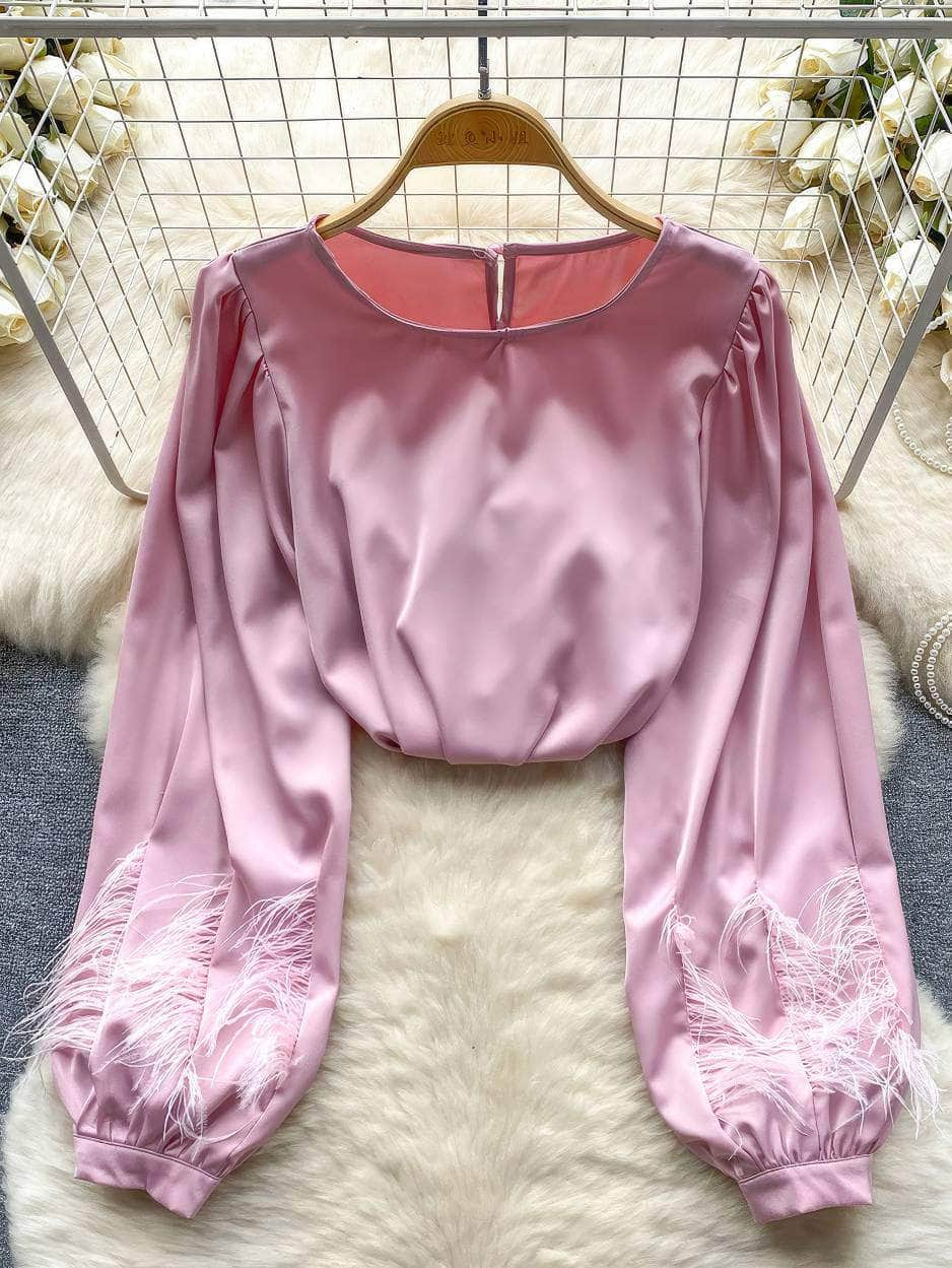 Long Sleeves Round Neck Satin Feathered Sleeves Blouse MAX SIZE / Pink