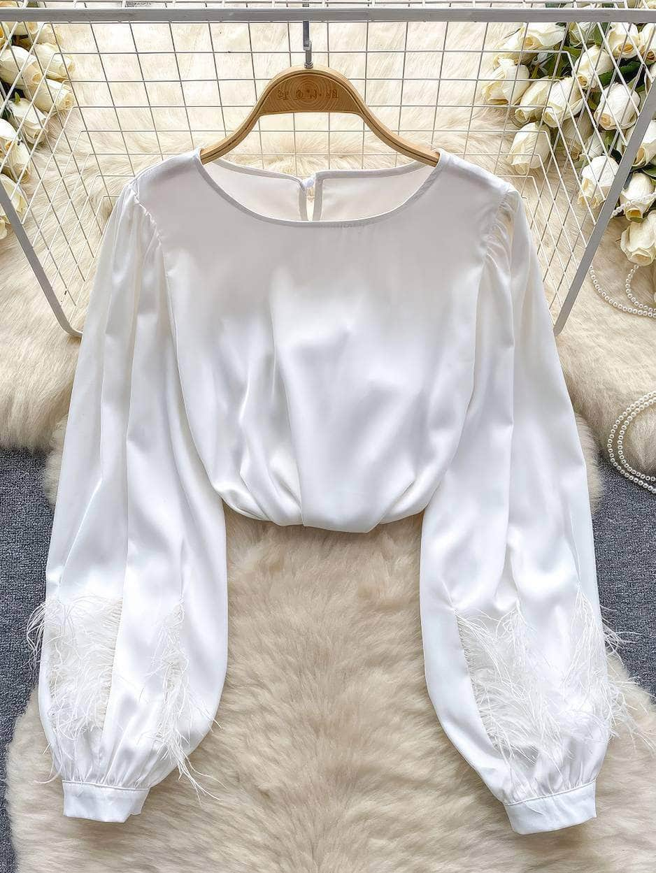 Long Sleeves Round Neck Satin Feathered Sleeves Blouse MAX SIZE / White