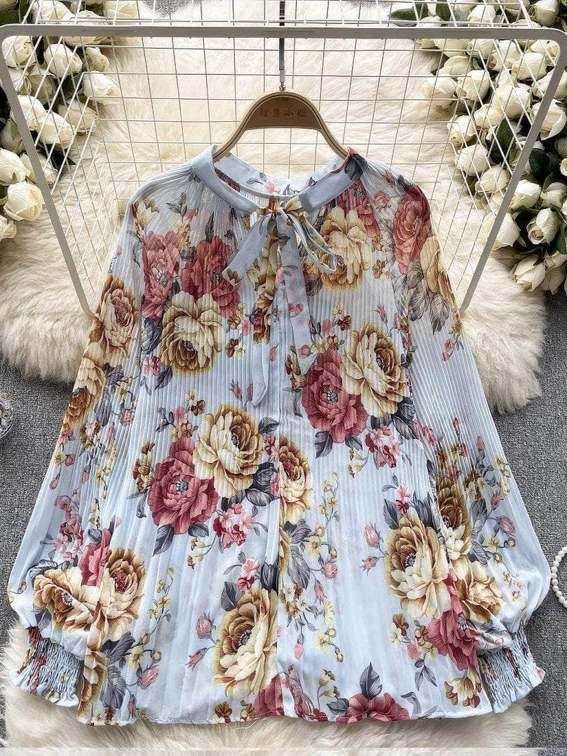 Long Sleeves Ruched Casual Floral Blouse