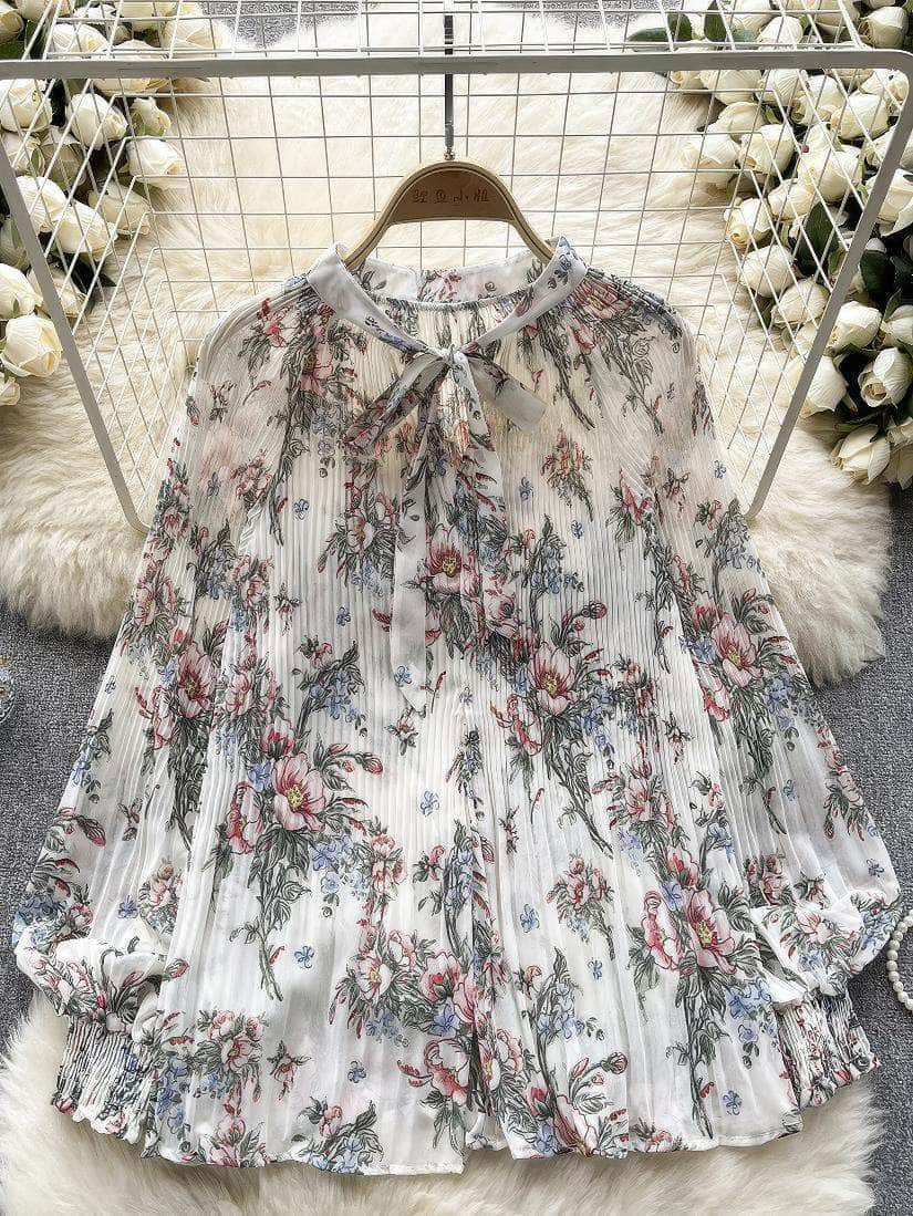 Long Sleeves Ruched Casual Floral Blouse