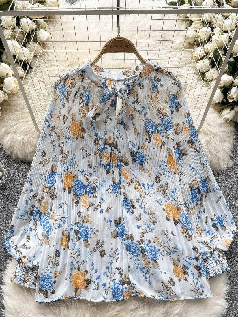 Long Sleeves Ruched Casual Floral Blouse