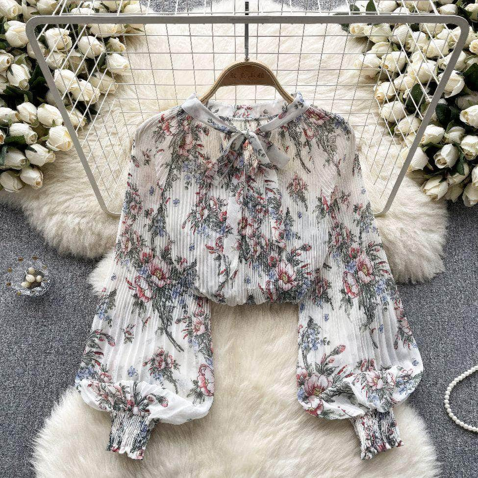 Long Sleeves Ruched Casual Floral Blouse