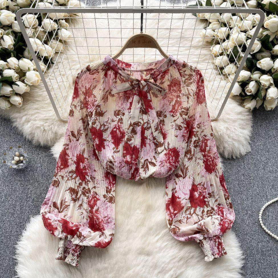 Long Sleeves Ruched Casual Floral Blouse