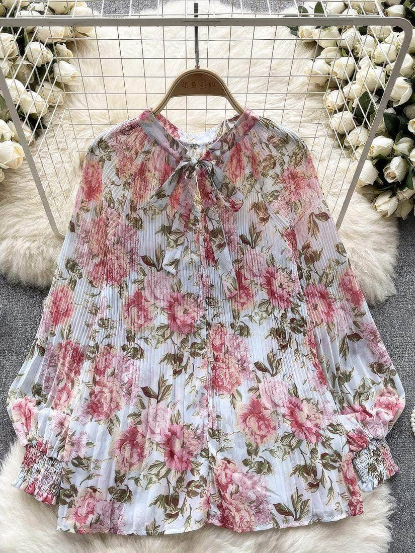 Long Sleeves Ruched Casual Floral Blouse MAX SIZE / Blossom Bliss