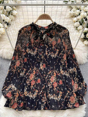 Long Sleeves Ruched Casual Floral Blouse MAX SIZE / Orchid Whispers