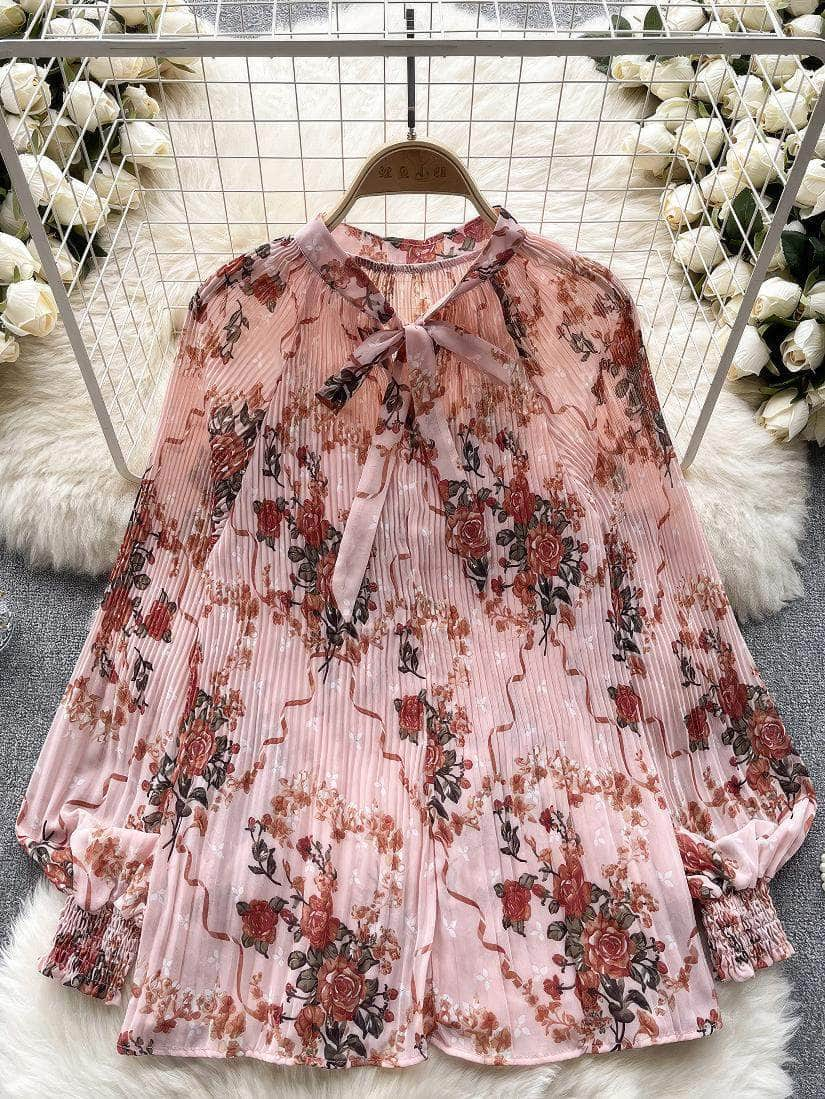 Long Sleeves Ruched Casual Floral Blouse MAX SIZE / Peony Pizzazz