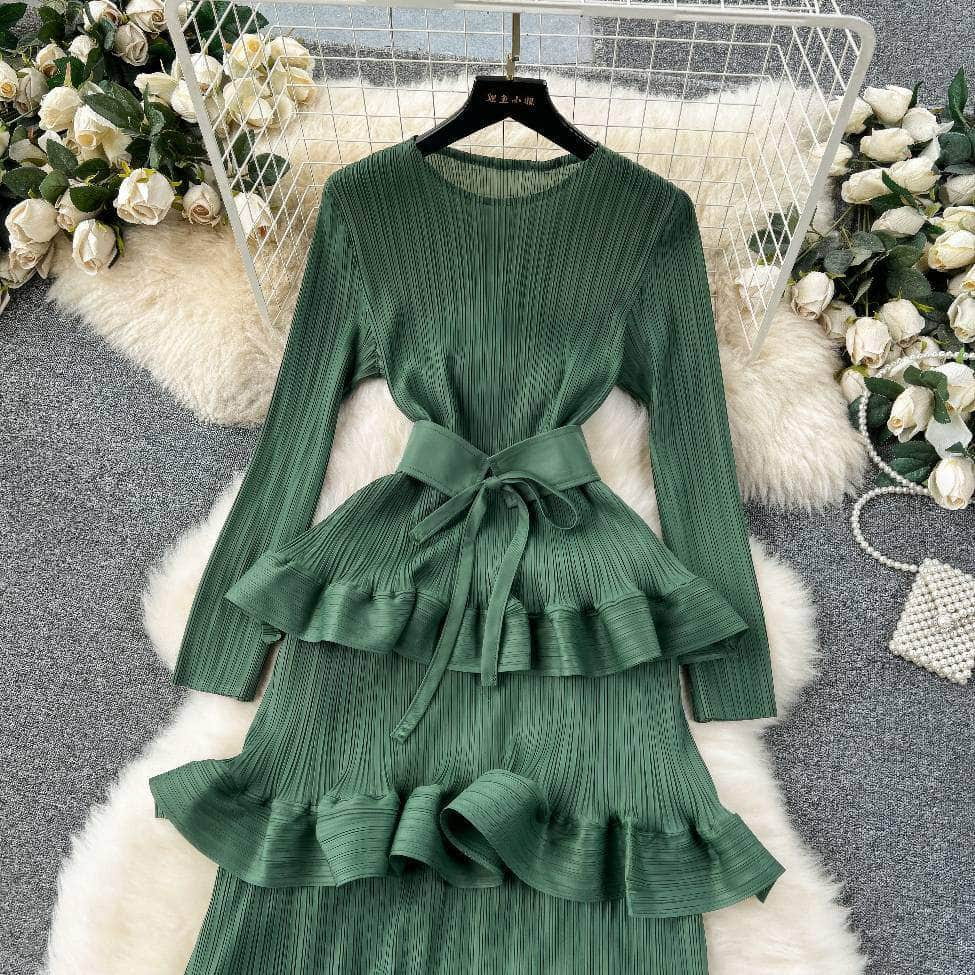 Long Sleeves Ruffled Tiered Mesh Dress