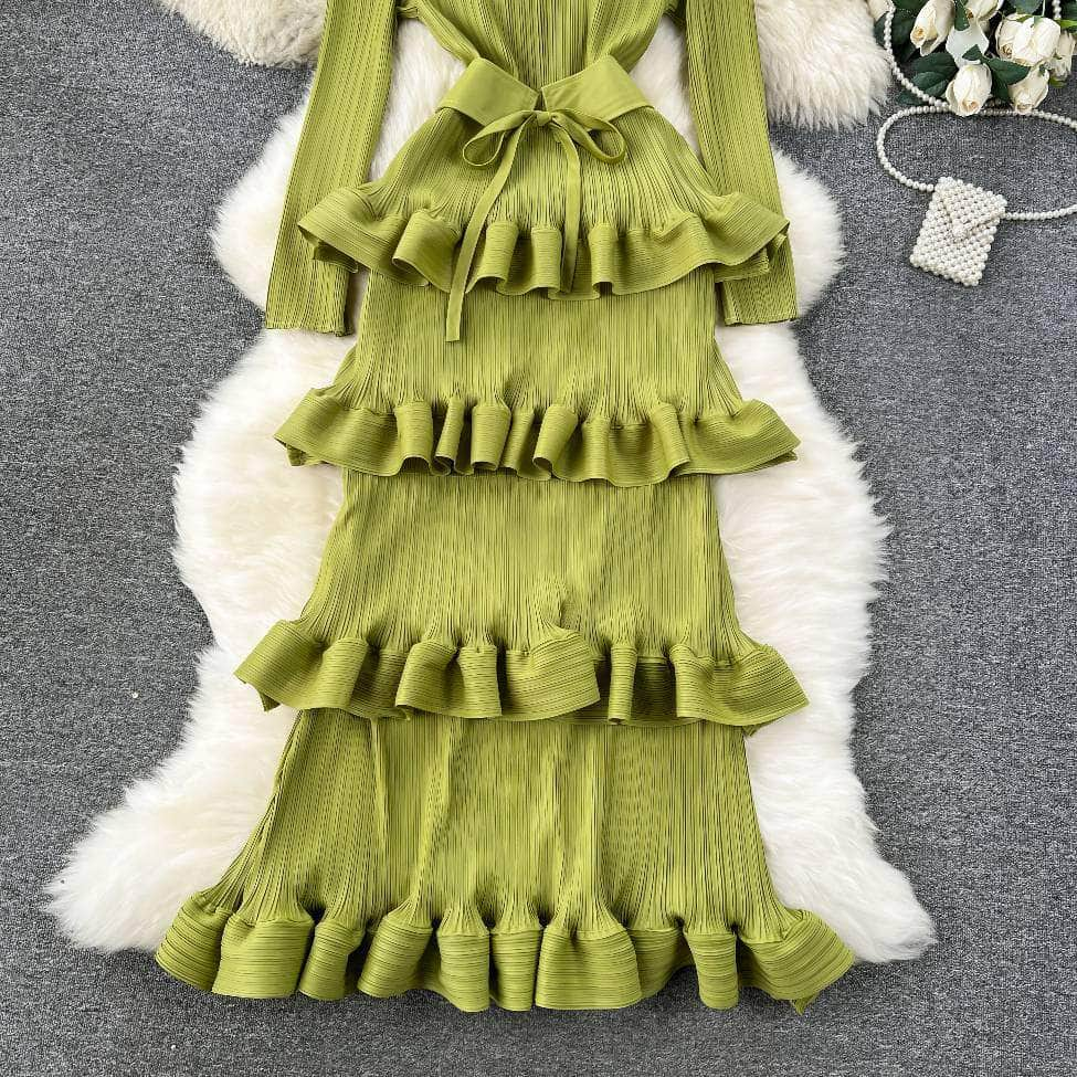 Long Sleeves Ruffled Tiered Mesh Dress