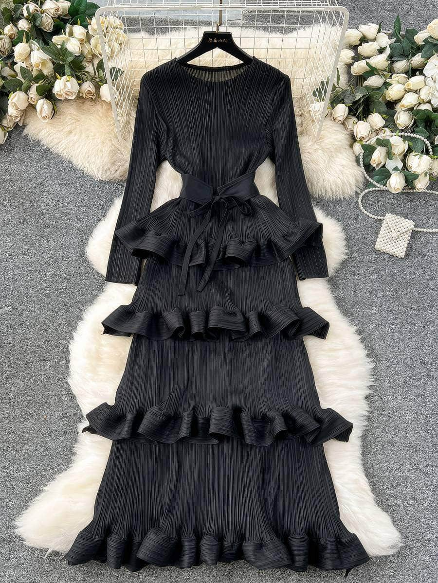 Long Sleeves Ruffled Tiered Mesh Dress MAX SIZE / Black