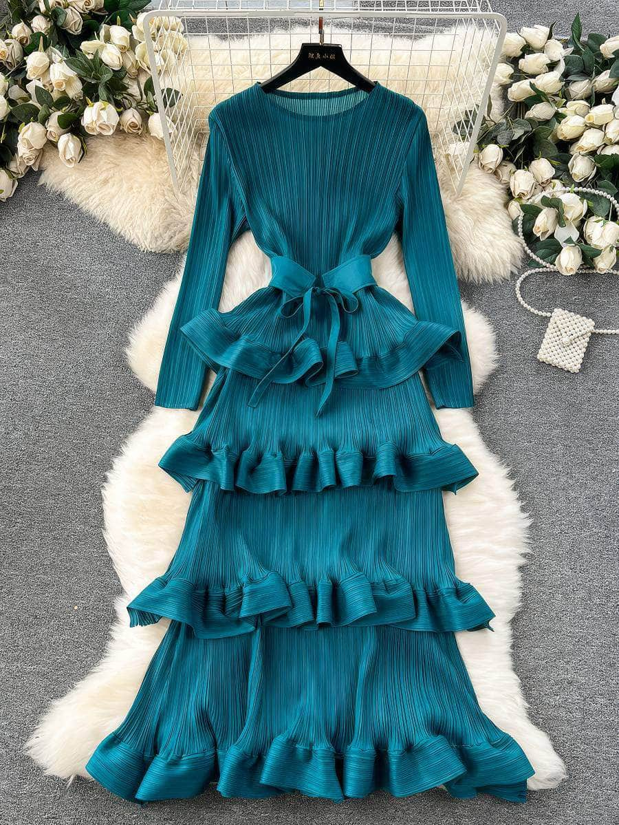 Long Sleeves Ruffled Tiered Mesh Dress MAX SIZE / DarkCyan