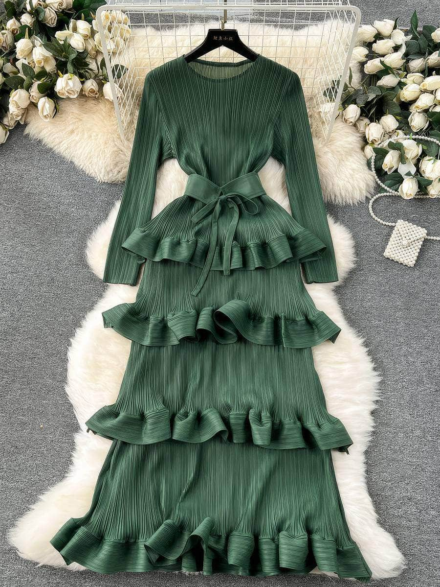 Long Sleeves Ruffled Tiered Mesh Dress MAX SIZE / DarkGreen