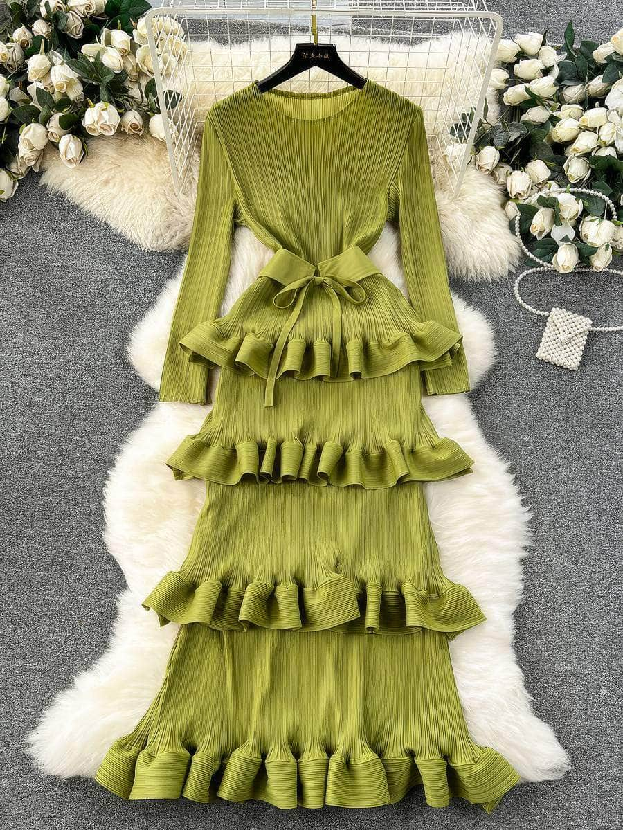 Long Sleeves Ruffled Tiered Mesh Dress MAX SIZE / Olive