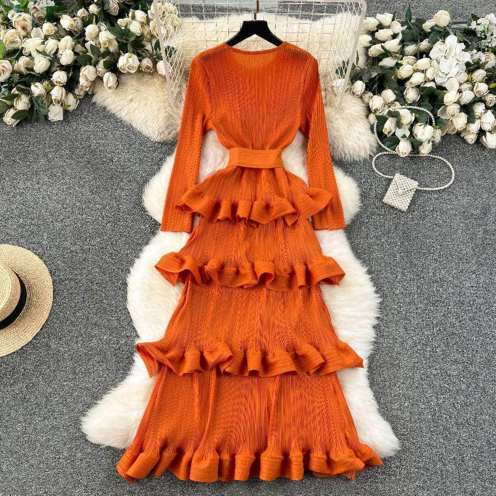 Long Sleeves Ruffled Tiered Mesh Dress MAX SIZE / Orange