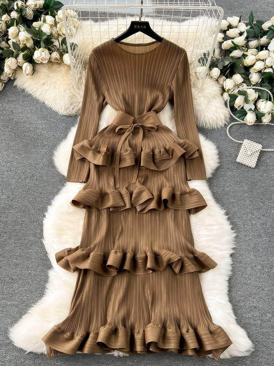 Long Sleeves Ruffled Tiered Mesh Dress MAX SIZE / Tan