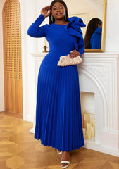 Long Sleeves Side Ruffle Detailed Pleated Dress